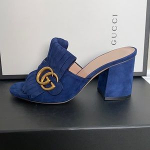 Suede GG Marmont Fringe Mid Heel Slide Sandal Blue